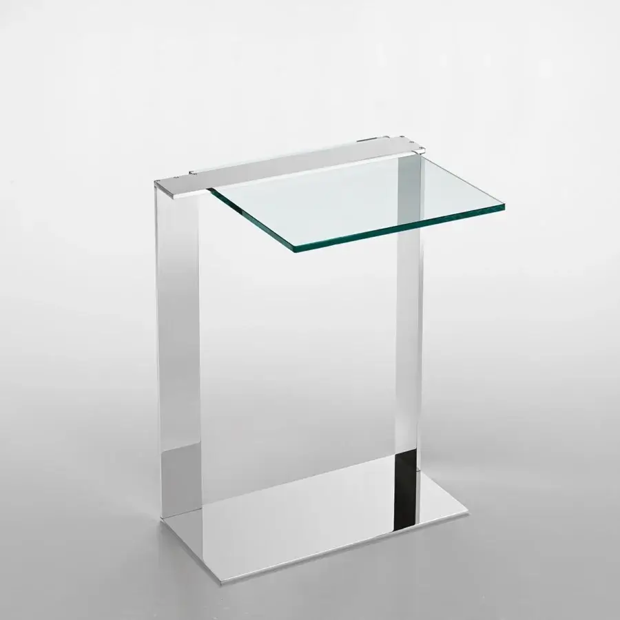 Elegant Tonelli Design Joliet nightstand with metal structure and transparent glass top in reflective chrome finish