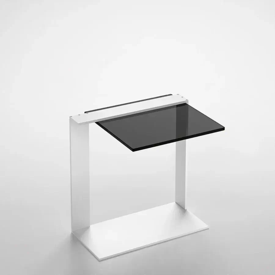 Distinguished Tonelli Design Joliet nightstand with white lacquered metal frame and dark glass top