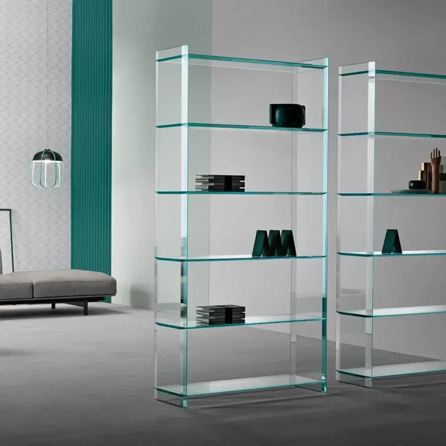Elegant Tonelli Design Quiller bookcase crafted in extra clear glass with stylish bevelings for bright display