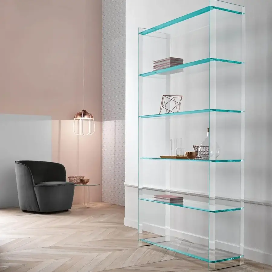 Distinguished Tonelli Design Quiller bookcase crafted in extra clear glass with glossy beveled shelves and sides