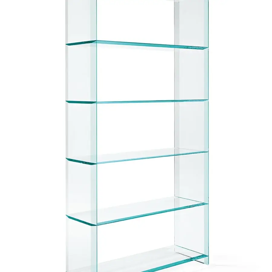 Superior Tonelli Design Quiller bookcase built in extra clear glass with a glossy bluish-green edge finish