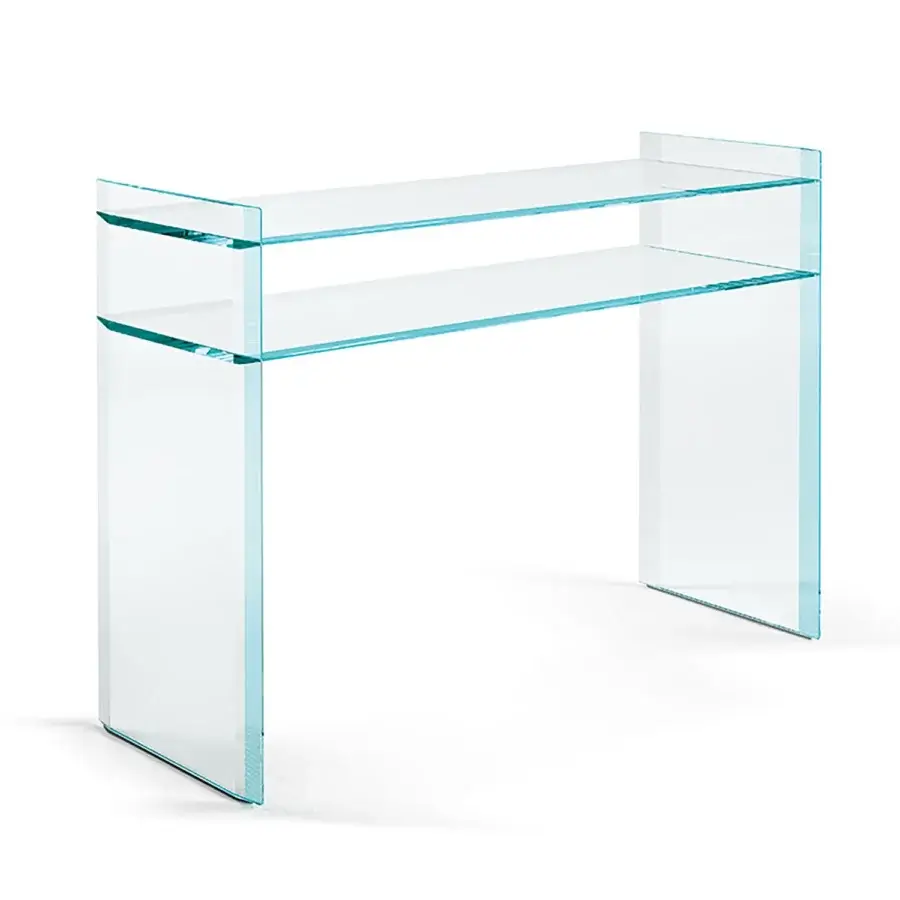 Exclusive Tonelli Design Quiller console crafted in extra clear light blue glass with stylish bevelings enhancing its transparent aesthetic