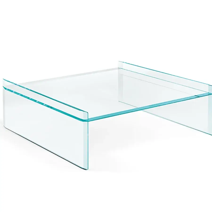 Exclusive Tonelli Design Quiller coffee table crafted in extra clear glass with smooth glossy finish and elegant bevelings