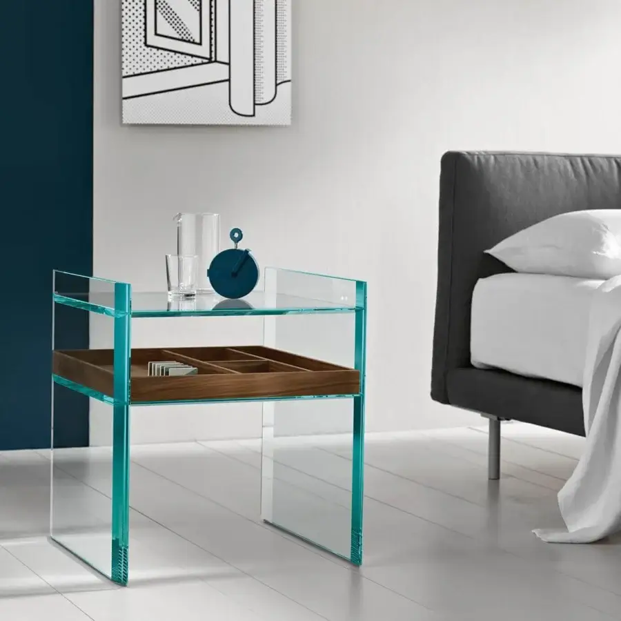 Distinguished Tonelli Design Quiller nightstand built in extra clear glass with a Canaletto walnut shelf and stylish beveling