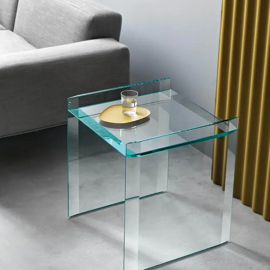 Exceptional Tonelli Design Quiller nightstand built in extra clear glass showcasing stylish bevelings on sides and top