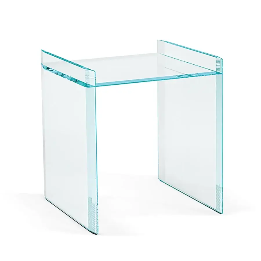Elegant Tonelli Design Quiller nightstand built in extra clear glass with bevelings and a subtle blue-green tint