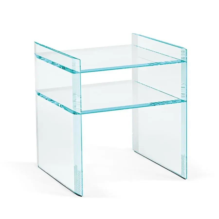 Superior Tonelli Design Quiller nightstand crafted in extra clear glass with subtle blue tinted edges