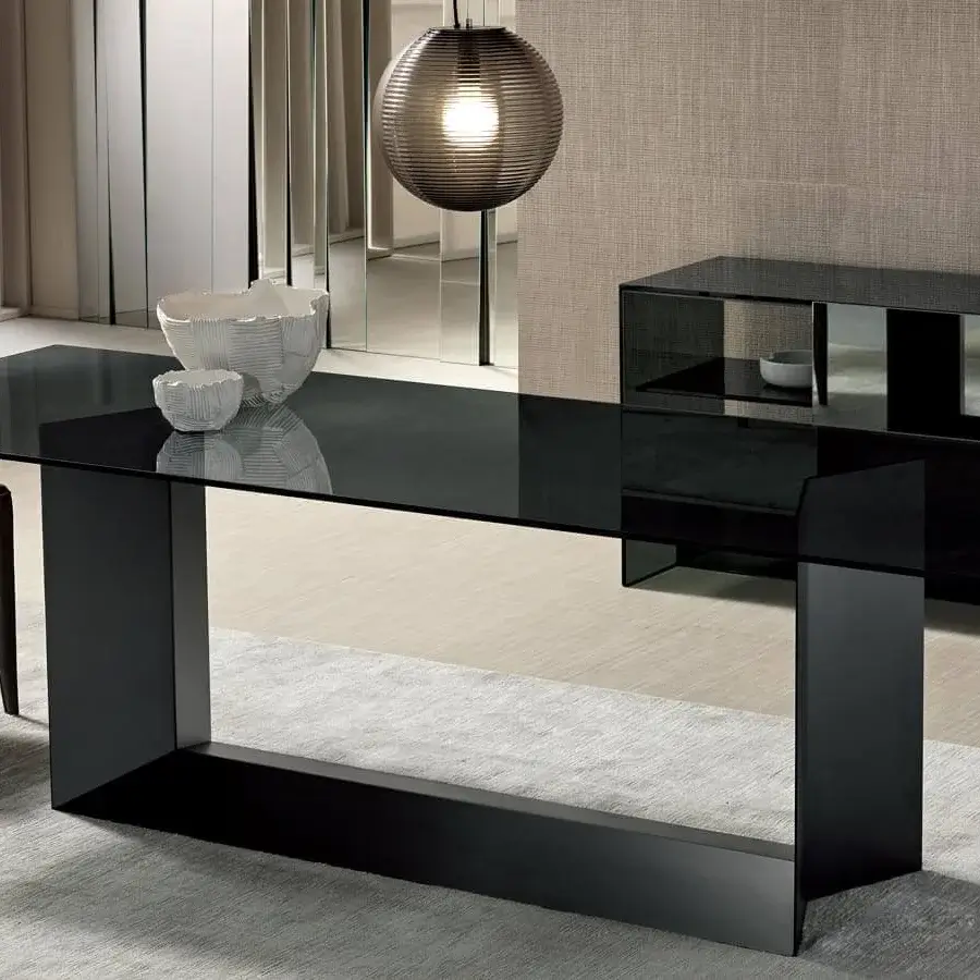 Elegant Tonelli Design T5 table crafted in glossy black glass with a matte black lacquered metal base