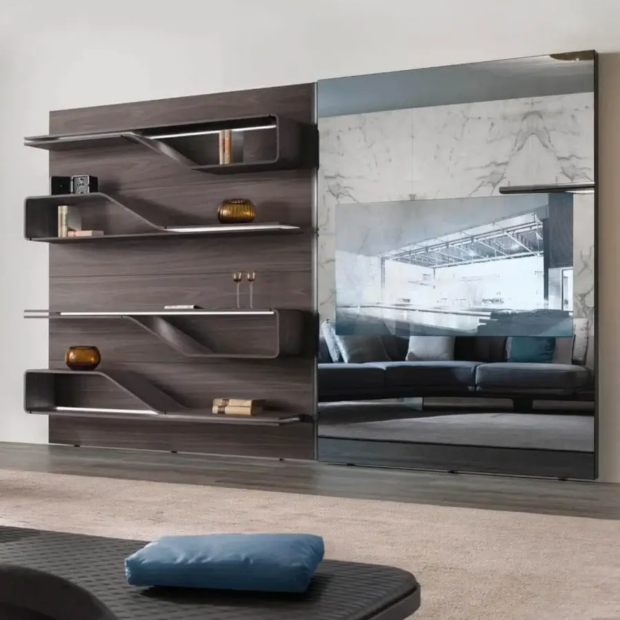 Elegant Reflex Segno bookcase with integrated lighting, a television space, and a matt Henné lacquered finish crafted in Supersilver mirror and marble-patterned surface