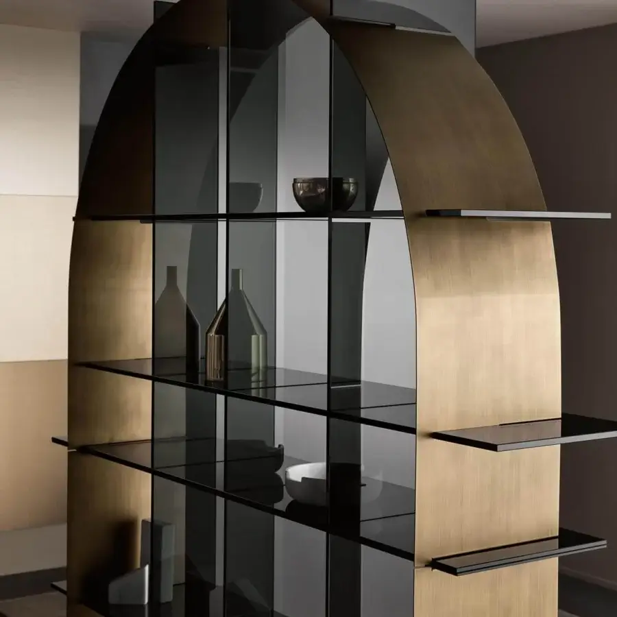 Distinguished Tonelli Design Paradigma bookcase with hand-glued smoked glass shelves and brushed bronze geometric metal frame