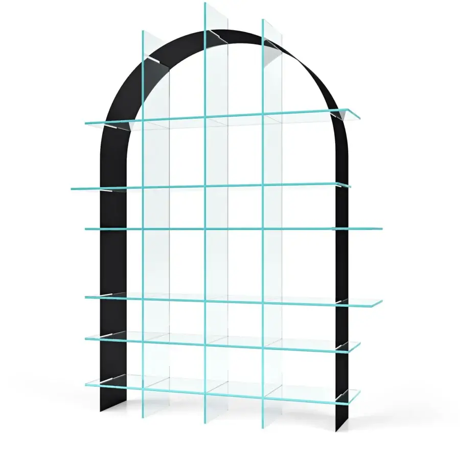 Elegant Tonelli Design Paradigma bookcase with arched silhouette, clear glass shelves and brushed black metal frame crafted by Italian artisans