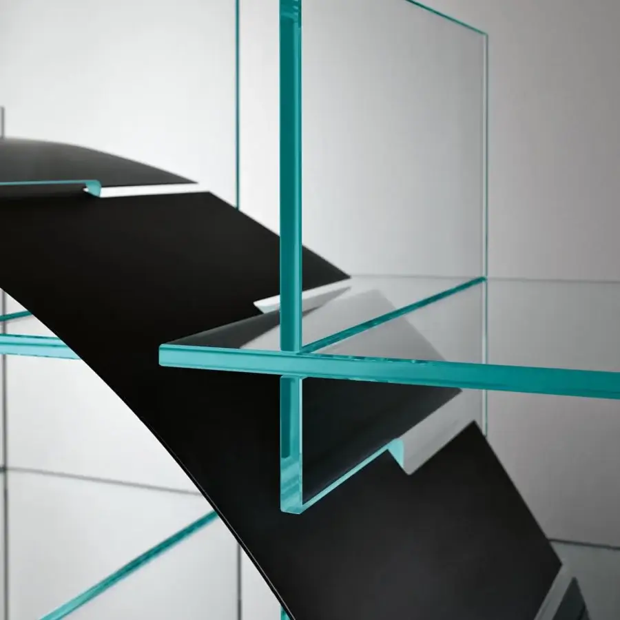 Exceptional Tonelli Design Paradigma bookcase with extra clear glass grid and brushed black metal geometric component