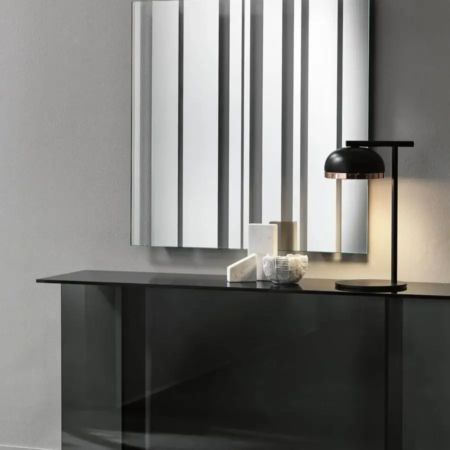 Innovative Tonelli Design Barcode mirror crafted from alternating mirrored and transparent glass bands for a modern aesthetic