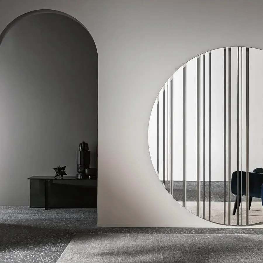 Exclusive Tonelli Design Barcode mirror crafted with alternating mirrored and transparent glass in a matte metal frame