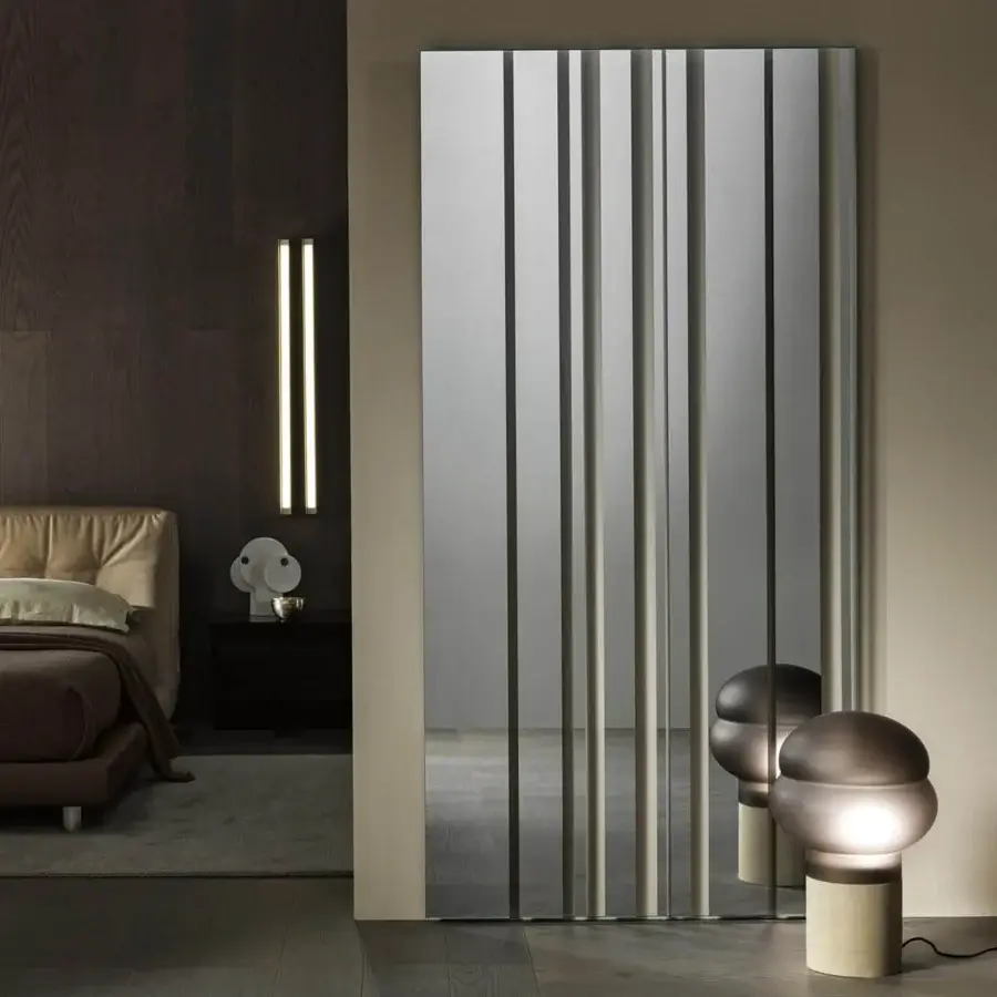 Innovative Tonelli Design Barcode mirror crafted with alternating mirrored and transparent bands of glass creating depth