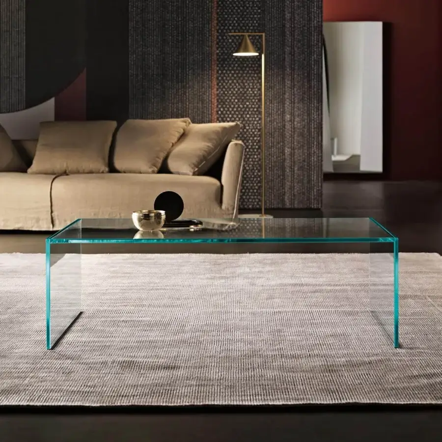 Elegant Tonelli Design Eden coffee table in transparent glass with glossy finish exhibiting a bridge-like structure