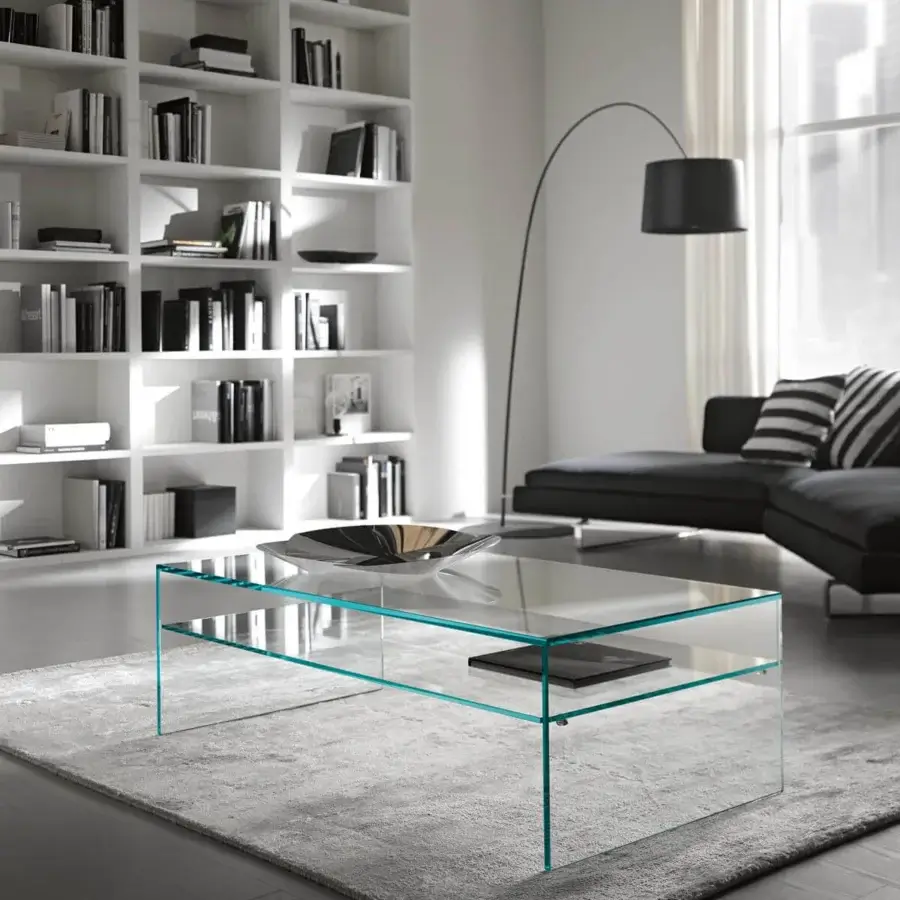 Superior Tonelli Design Fratina coffee table crafted from transparent glass with a practical undershelf and rigorous form