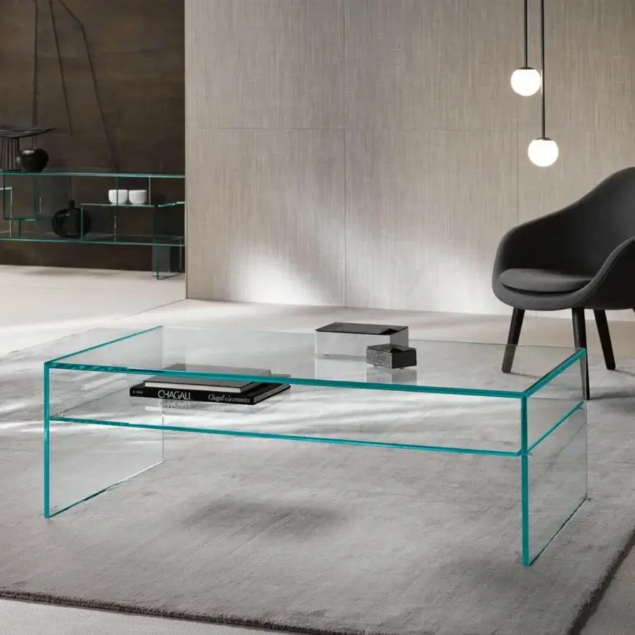 Exclusive Tonelli Design Fratina coffee table crafted from tinted glass with a bridge-like form and undershelf