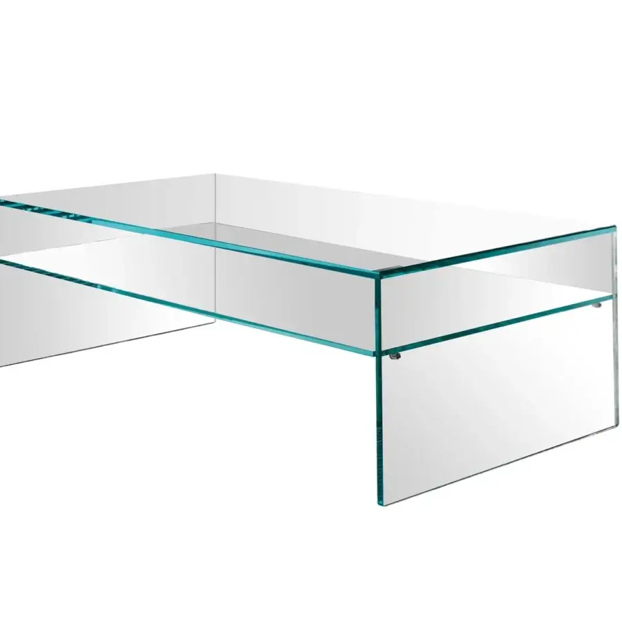 Elegant Tonelli Design Fratina coffee table crafted from clear glass with subtle turquoise edges and a glass under shelf