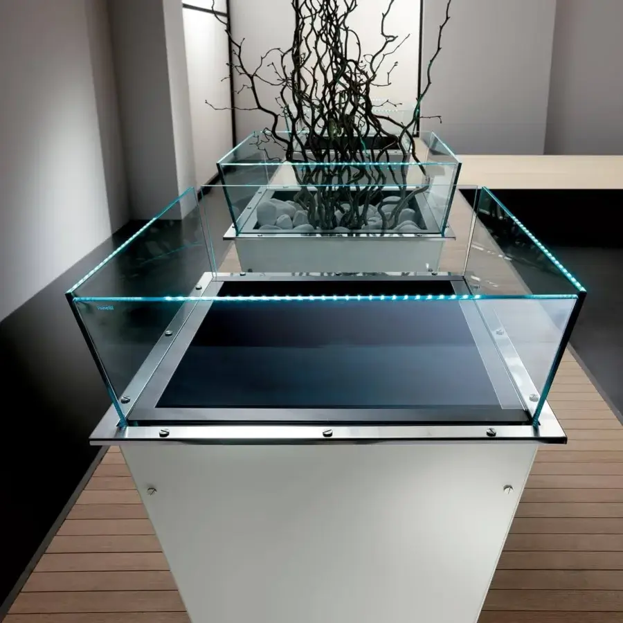 Elegant Tonelli Design Amon planter in white lacquered glass with stainless steel screws and illuminated clear glass layers