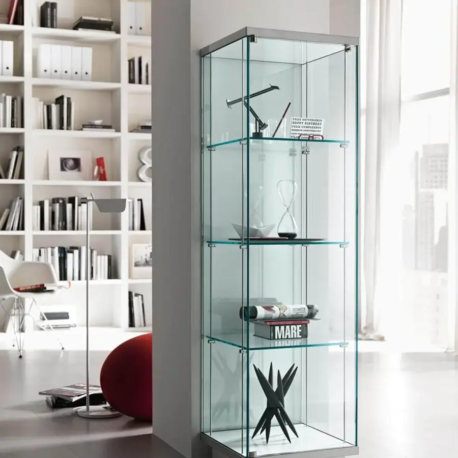 Elegant Tonelli Design showcase crafted from transparent tempered glass with a light gray matte finish and four shelves