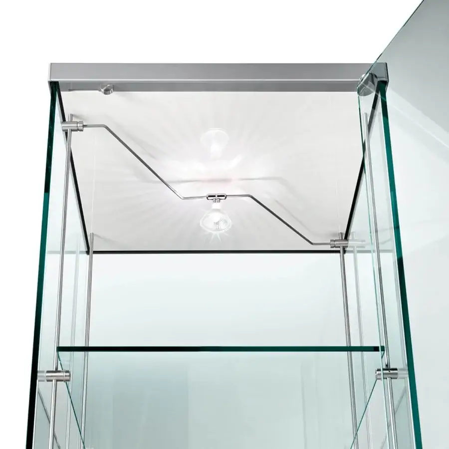 Distinguished Tonelli Design Broadway showcase crafted in transparent tempered glass with white lacquered wood base and shelves