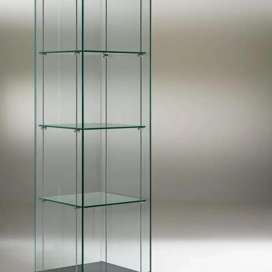 Superior Tonelli Design Broadway showcase built in transparent tempered glass with a black lacquered wood base and silver-toned metal frame