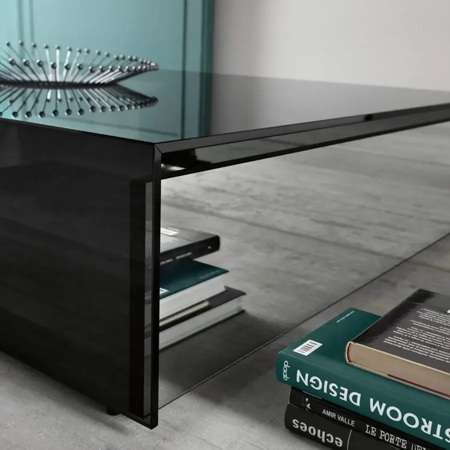 Exclusive Tonelli Design Gotham coffee table with smoked glass structure and black wooden drawers featuring smoked mirror fronts with glossy finish