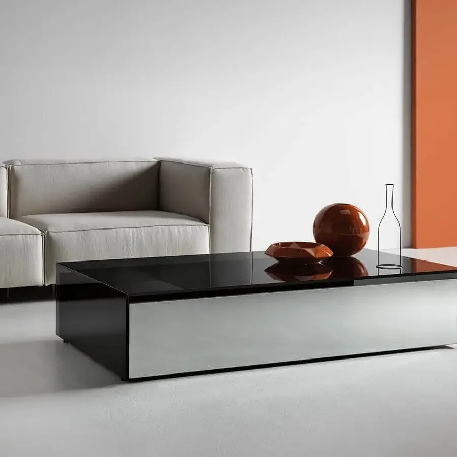 Distinguished Tonelli Design Gotham coffee table crafted with smoked glass and black glossy top, including internal wooden drawers with smoked mirror front