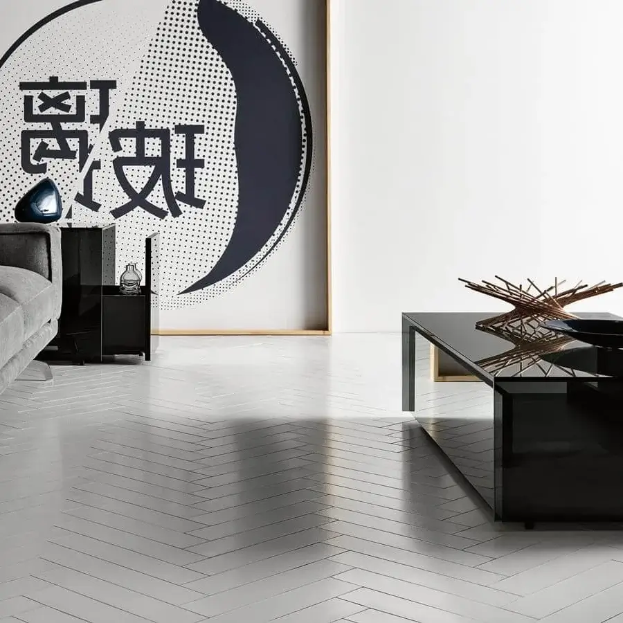 Superior Tonelli Design Gotham coffee table with smoked glass structure and black wooden drawers featuring smoked mirror fronts