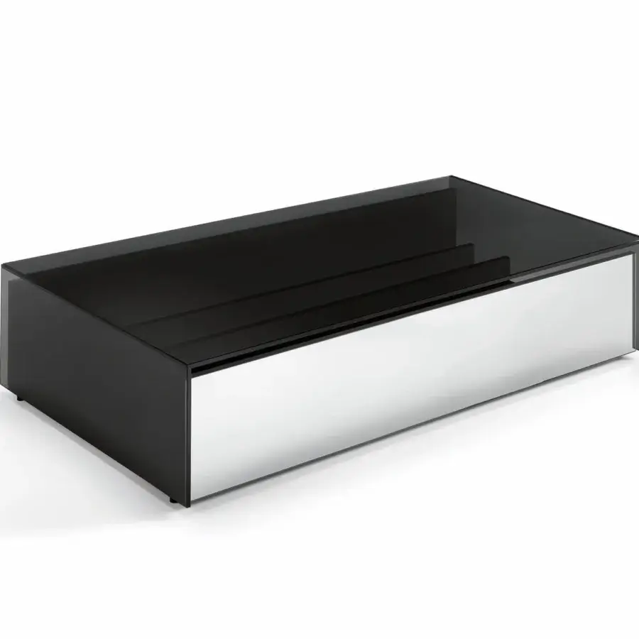Elegant Tonelli Design Gotham coffee table with smoked glass and silver drawer featuring black wooden drawers with smoked mirror fronts