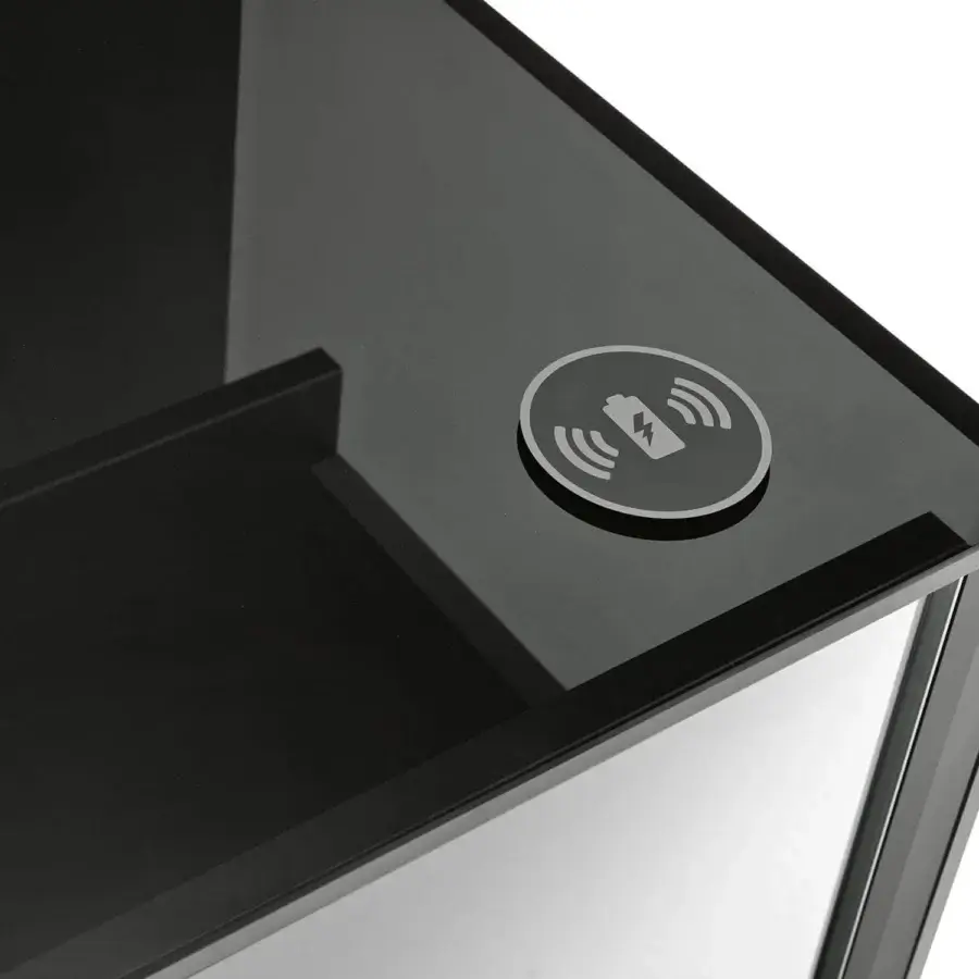 Exclusive Tonelli Design Gotham coffee table with a smoked glass structure and glossy black internal wooden drawers