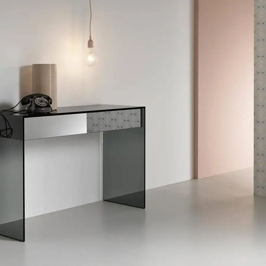 Distinguished Tonelli Design Gotham console with smoked glass and black wooden drawers featuring smoked mirror fronts
