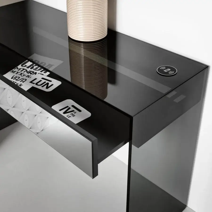 Sophisticated Tonelli Design Gotham console with smoked glass structure, black drawers and smoked mirror fronts offering wireless charging
