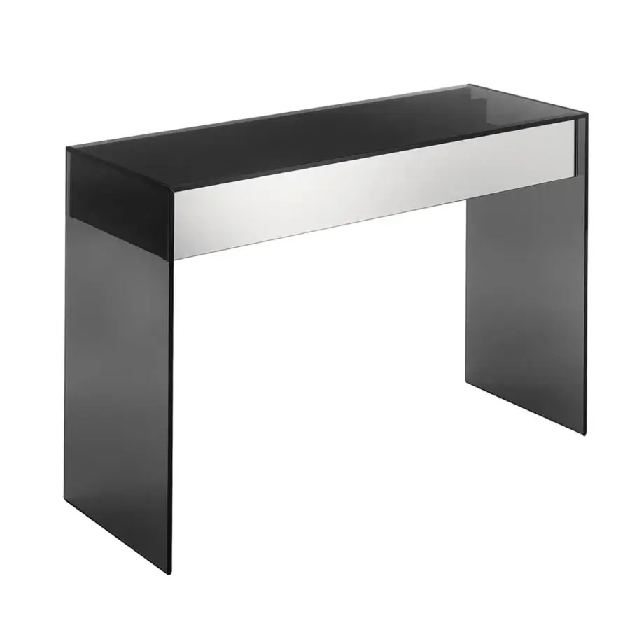 Captivating Tonelli Design Gotham console crafted with gradient smoked glass and black wooden drawers featuring smoked mirror fronts with glossy finish