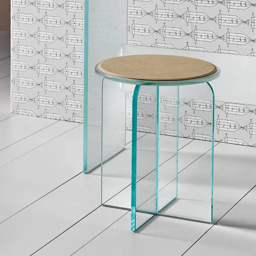 Elegant Tonelli Design Opalina vanity crafted in extra clear glass with a cushioned stool in light brown textile