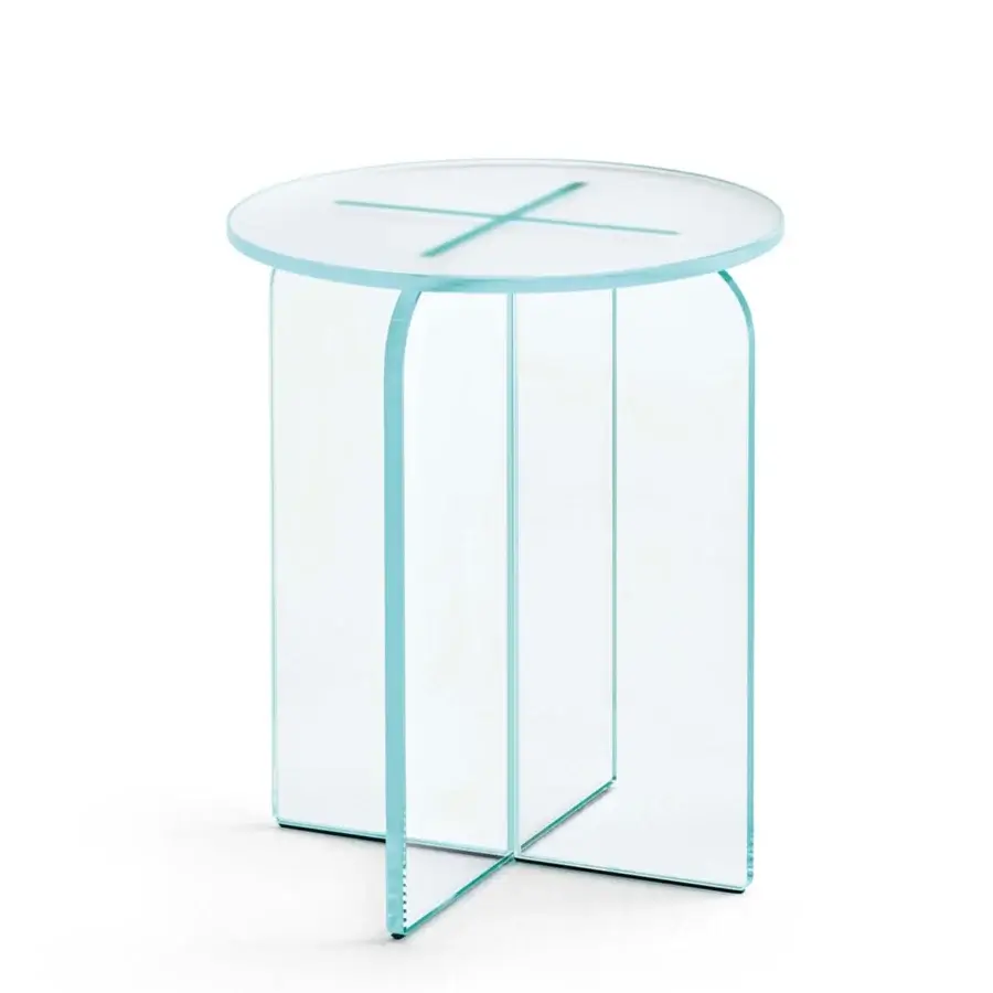 Distinguished Tonelli Design Opalina vanity built in extra clear glass with a clear frosted top and light blue hue