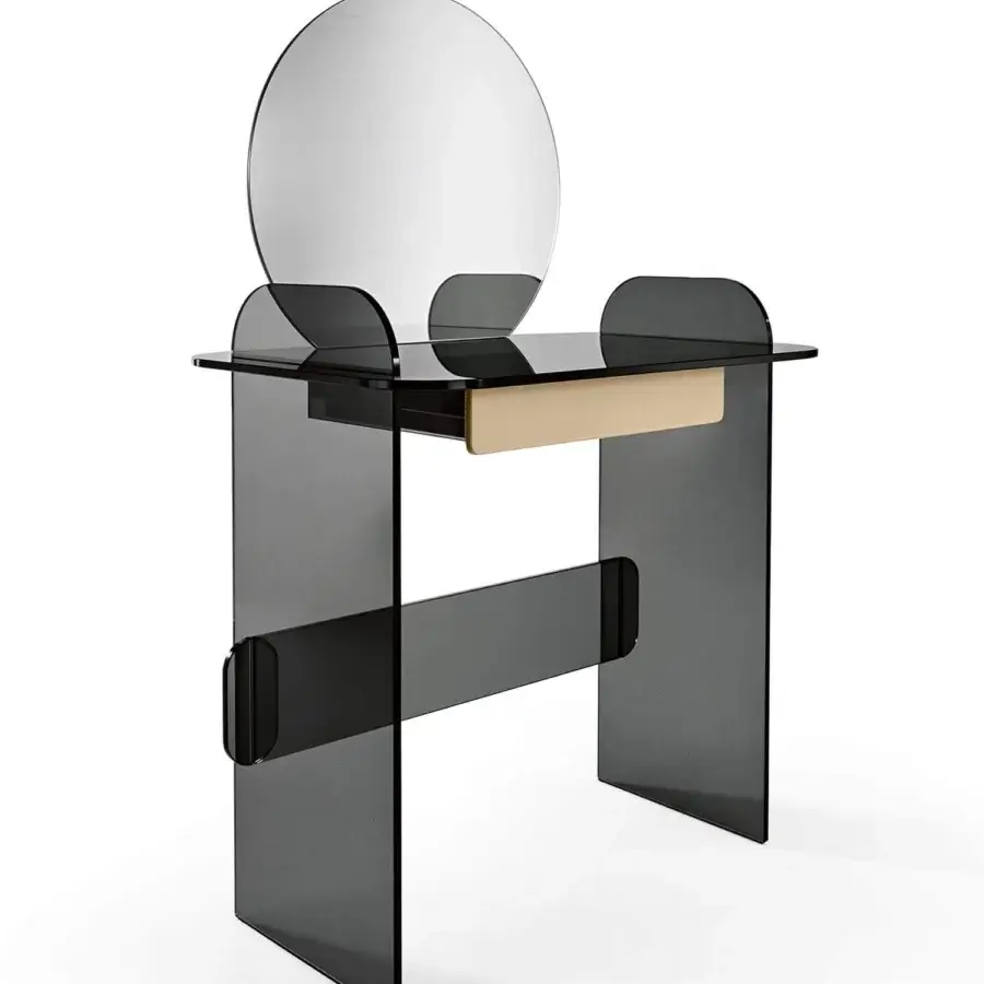 Superior Tonelli Design Opalina vanity crafted in smoked glass with a white wood pull-out drawer and round mirror