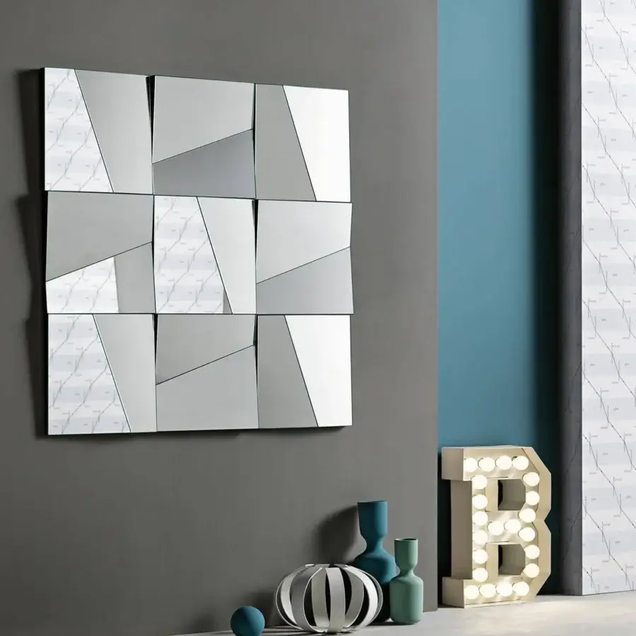 Exceptional Tonelli Design mirror with nine square panels creating fragmented reflection in mirrored and gray tones with standard finish