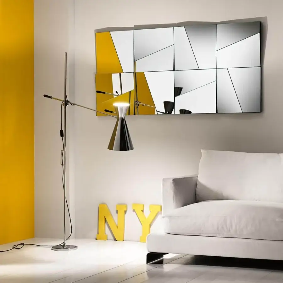 Distinguished Tonelli Design Stati d’animo mirror crafted in geometric arrangement with smoked finish and silver muted yellow tones