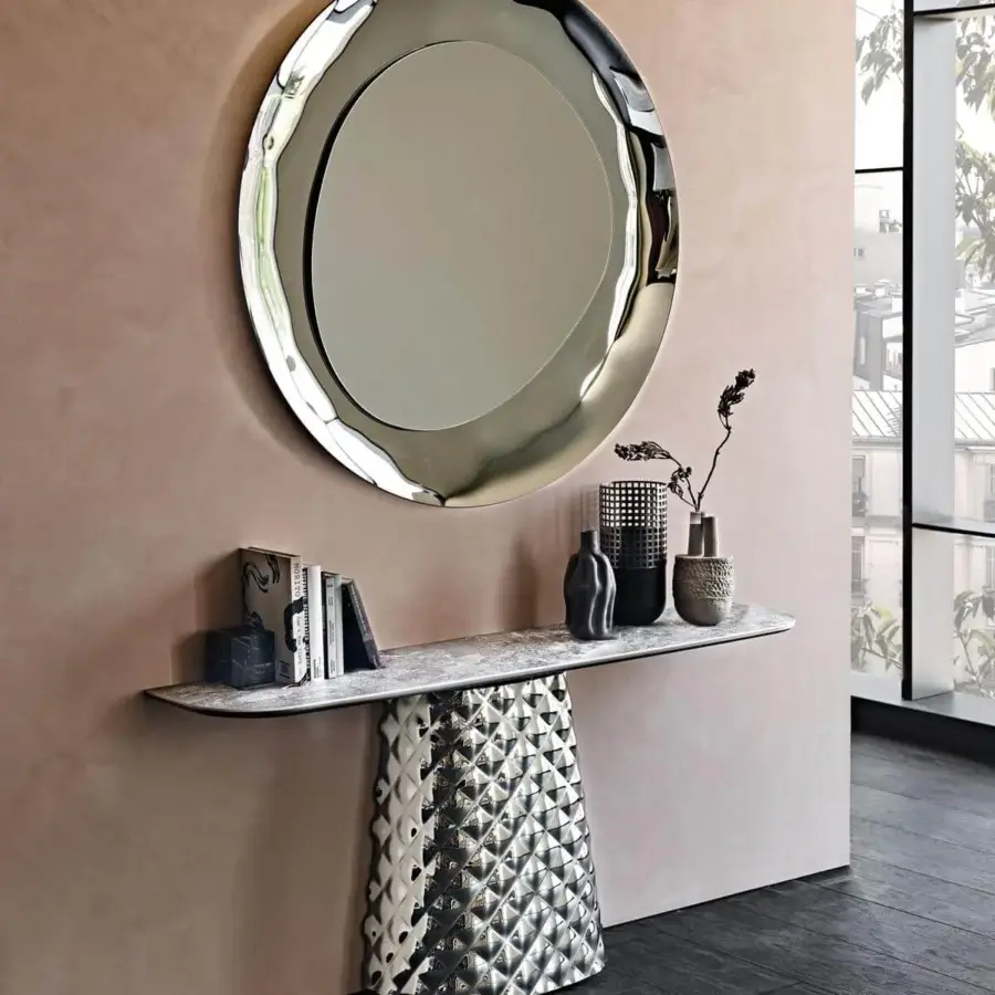 Superior Cattelan Italia Atrium Keramik console with light gray marble-effect ceramic and quilted mirrored glass base