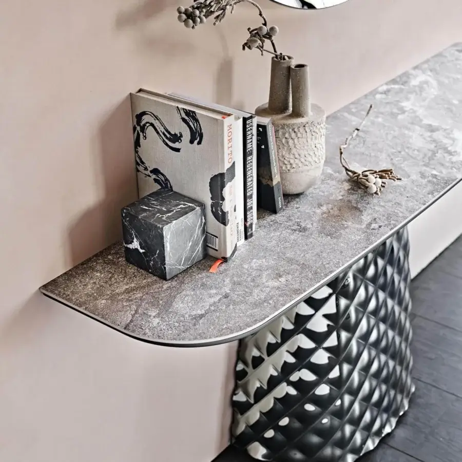 Distinguished Cattelan Italia Atrium Keramik console with gray and beige ceramic and glossy black and white geometric mirrored glass base