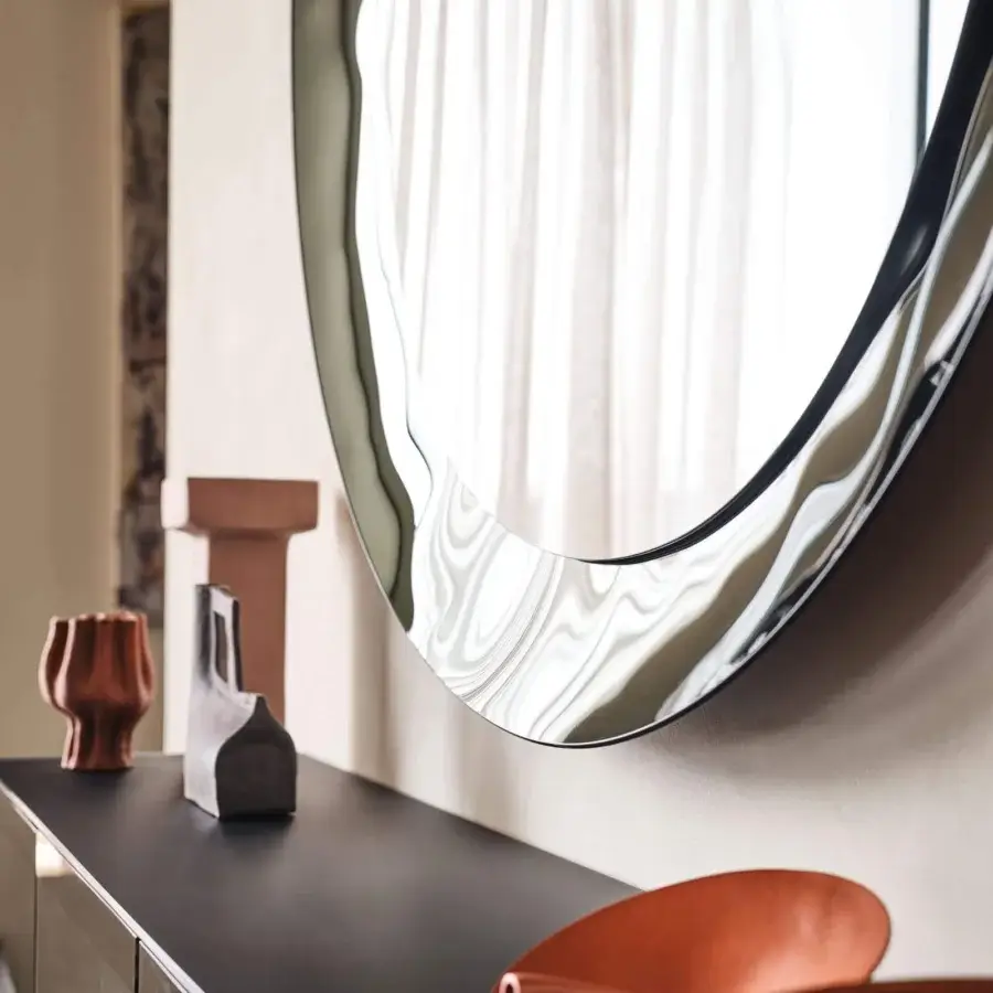 Exceptional Cattelan Italia Cosmos mirror with fumé mirrored glass and swirling silver-grey patterns creating a liquid optical effect