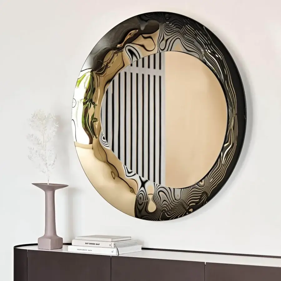 Captivating Cattelan Italia Cosmos mirror with fumé mirrored glass and wavy dark grey reflective gold frame