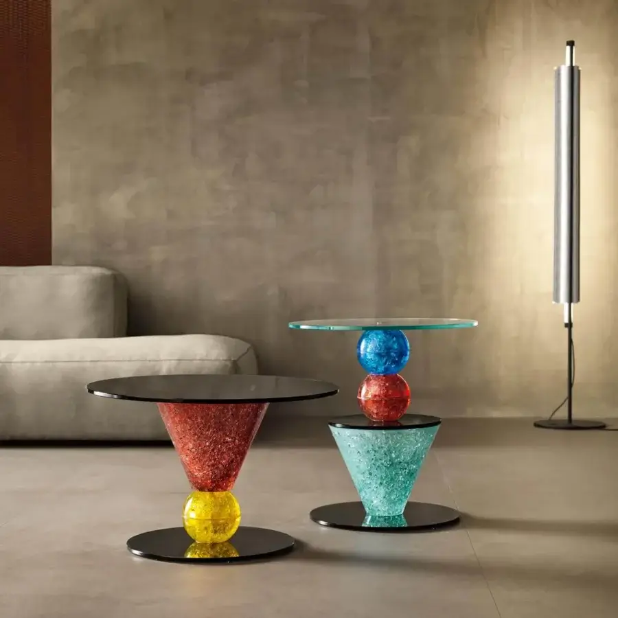 Superior Tonelli Design Il Paese delle Meraviglie side table with vibrant red, yellow, and black hand-poured glass fragments and glossy finish