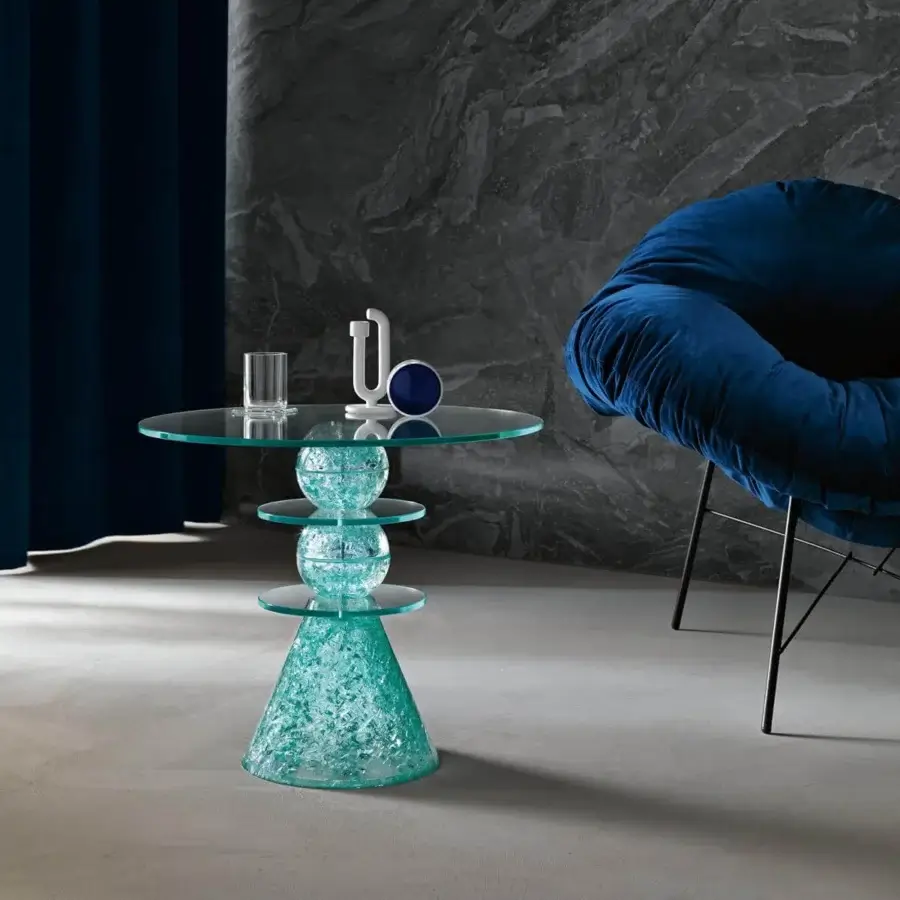 Distinguished Tonelli Design Il Paese delle Meraviglie side table in light blue-green glass fragments with handcrafted finish