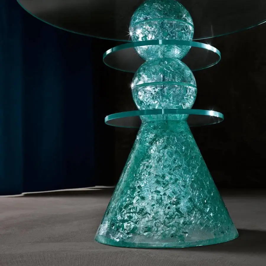 Exceptional Tonelli Design Il Paese delle Meraviglie side table crafted in blue-green glass fragments with a textured finish