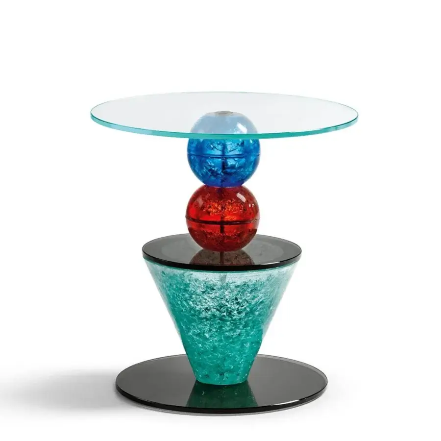 Distinguished Tonelli Design Il Paese delle Meraviglie side table crafted in glass fragments with a teal textured base and glossy discs