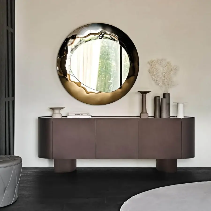 Elegant Cattelan Italia Savoy sideboard with sinuous curves in bronze embossed lacquered steel and graphite lacquered wood structure