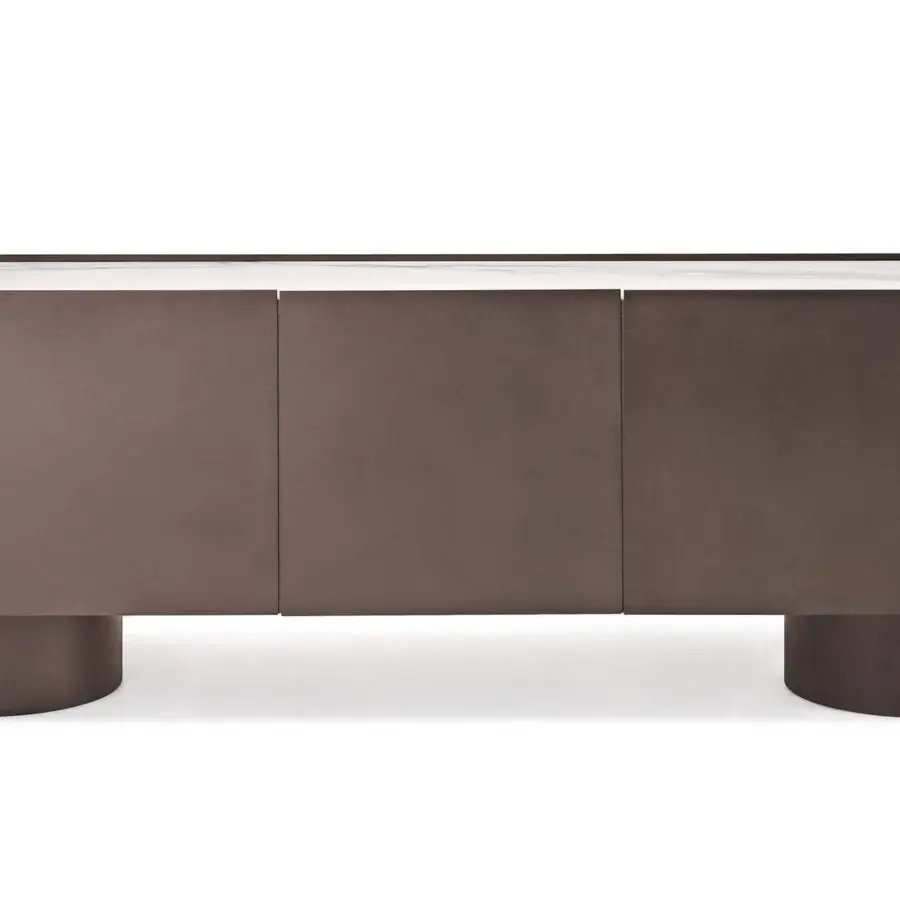 Distinguished Cattelan Italia Savoy sideboard with sinuous curves in graphite lacquered wood and bronze embossed lacquered steel with marmi ceramic top